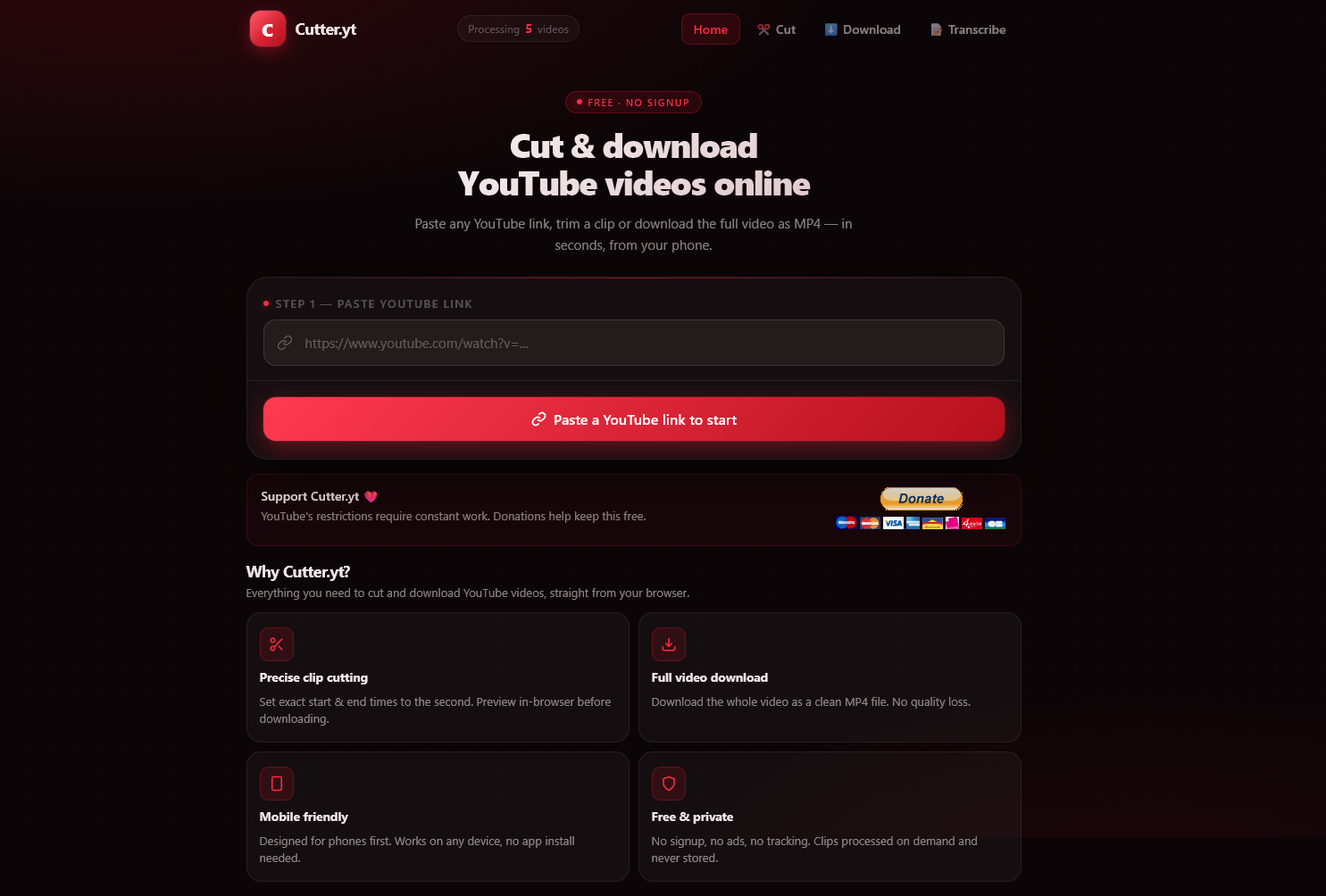 Interface de l'outil Cutter.yt