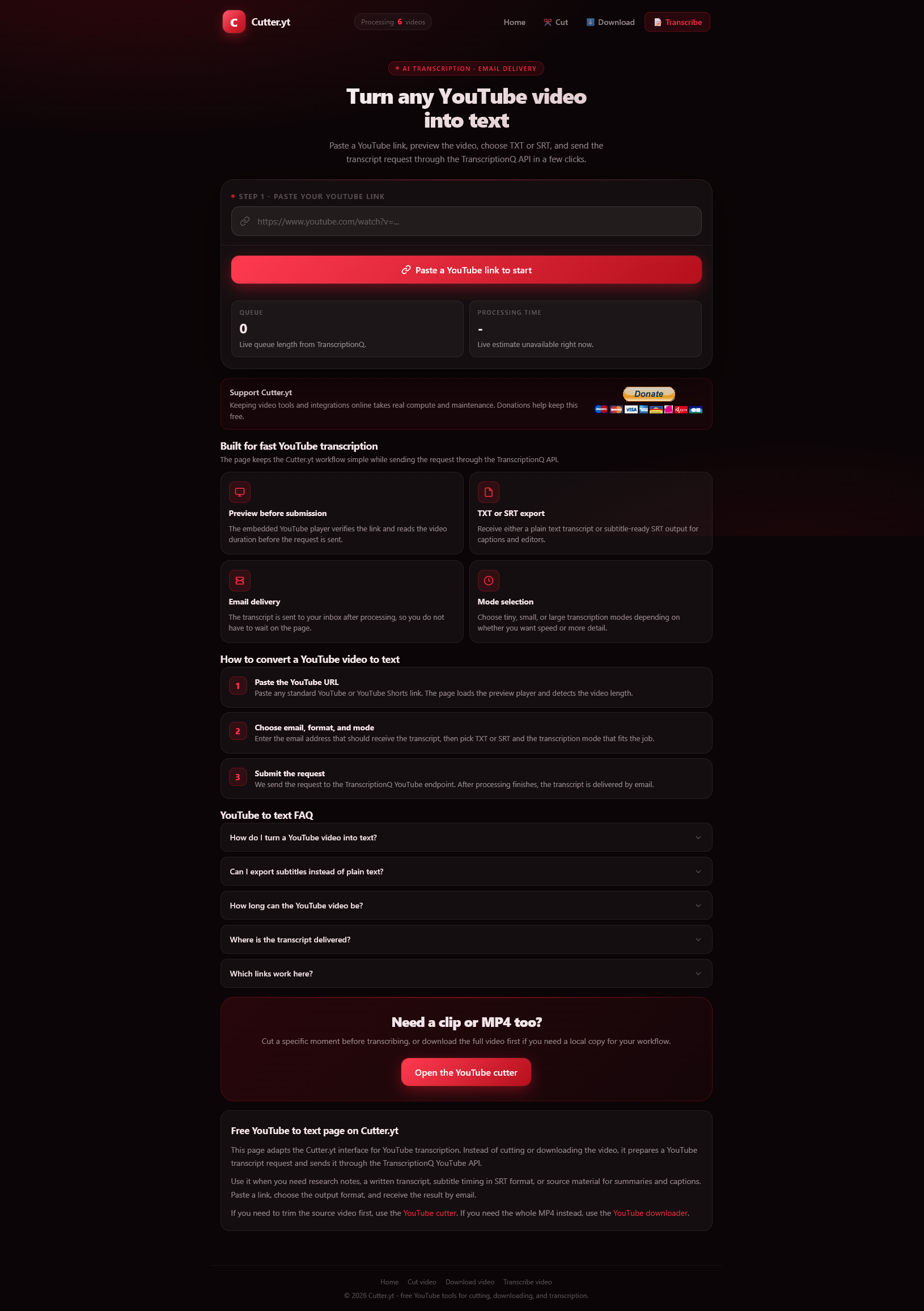 Capture d'écran de Cutter.yt — transcription